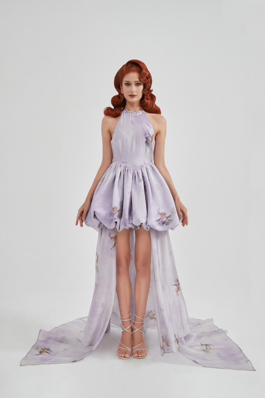 Purple Watercolour Print Halter Mini Dress