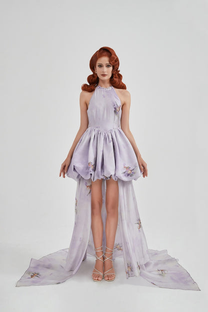 Purple Watercolour Print Halter Mini Dress