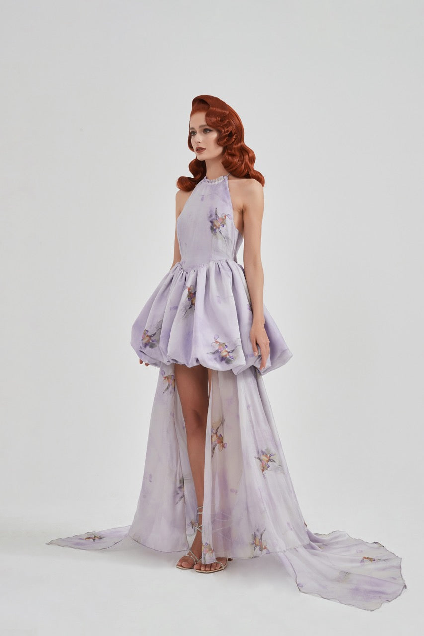 Purple Watercolour Print Halter Mini Dress