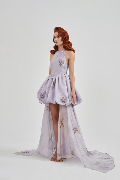 Purple Watercolour Print Halter Mini Dress