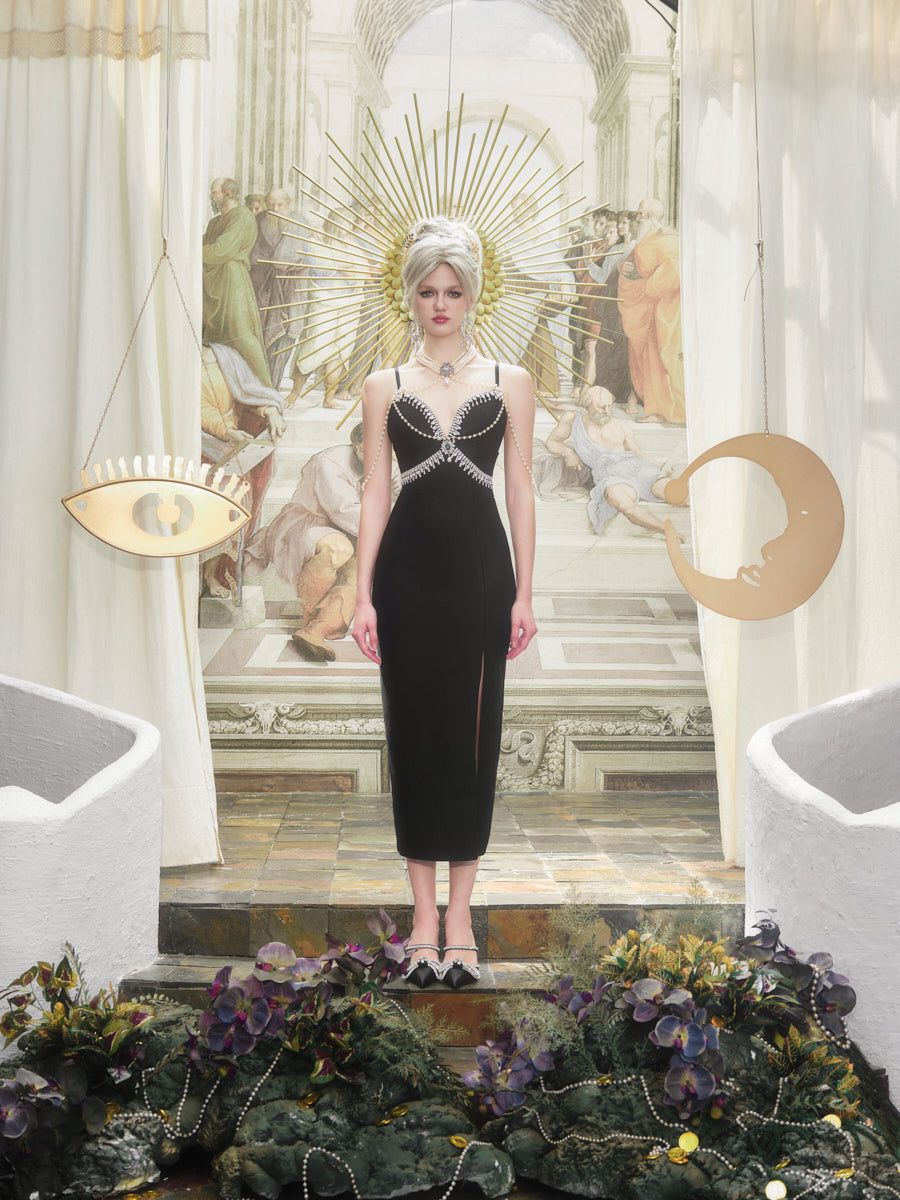 KINGWEN Black Knit Rhinestone Midi Dress straight