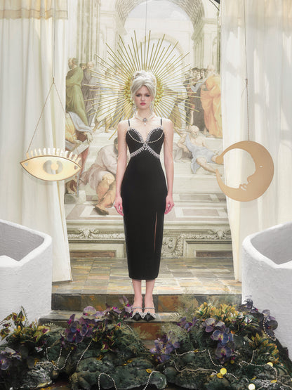 KINGWEN Black Knit Rhinestone Midi Dress straight