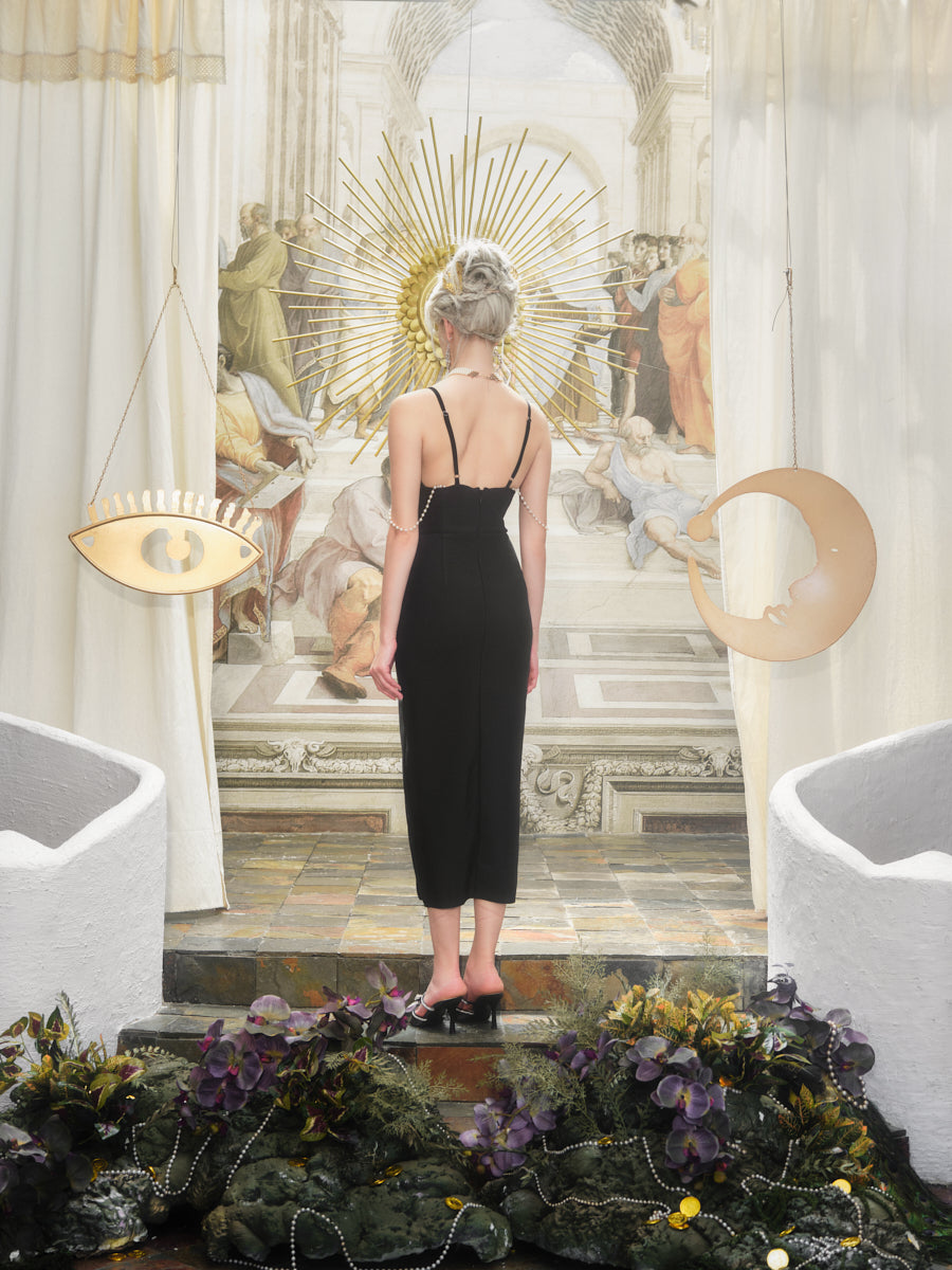 KINGWEN Black Knit Rhinestone Midi Dress back