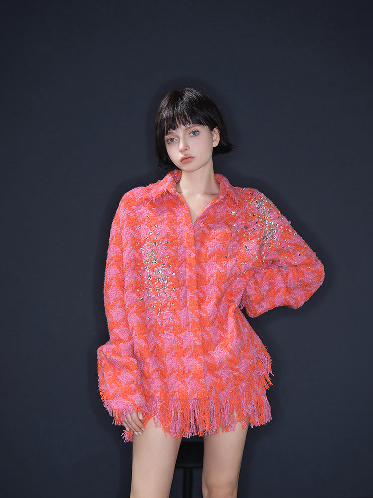 Pink red fringed tweed outer shirt