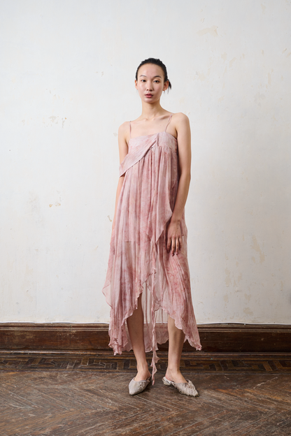 YUXUAN GIA pink printed midi dress resort ruffle