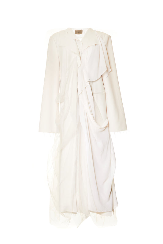 Elywood White Long Suit Jacket Silk Gauze