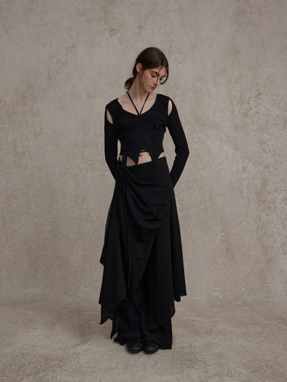 ELYWOOD 24AW Black Wool Maxi Skirt model