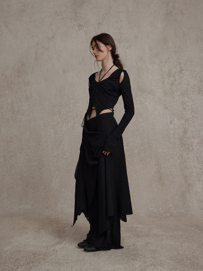 ELYWOOD 24AW Black Wool Maxi Skirt model side
