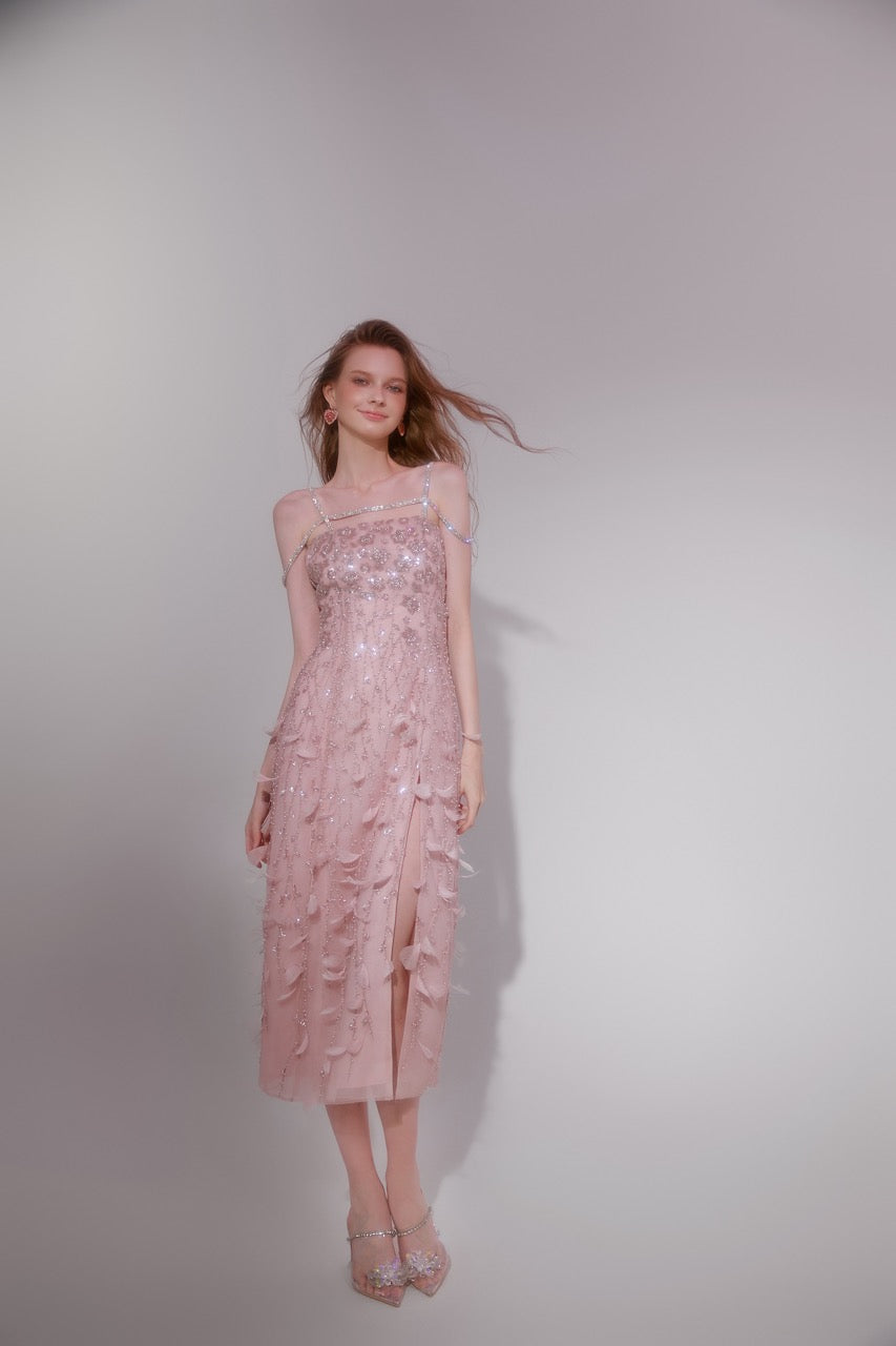 Rose Crystal Beads Feather Midi Dress