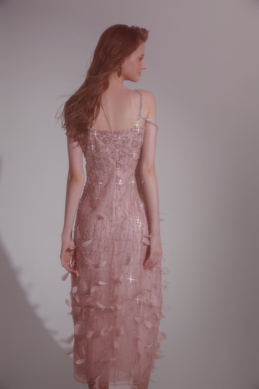 Rose Crystal Beads Feather Midi Dress