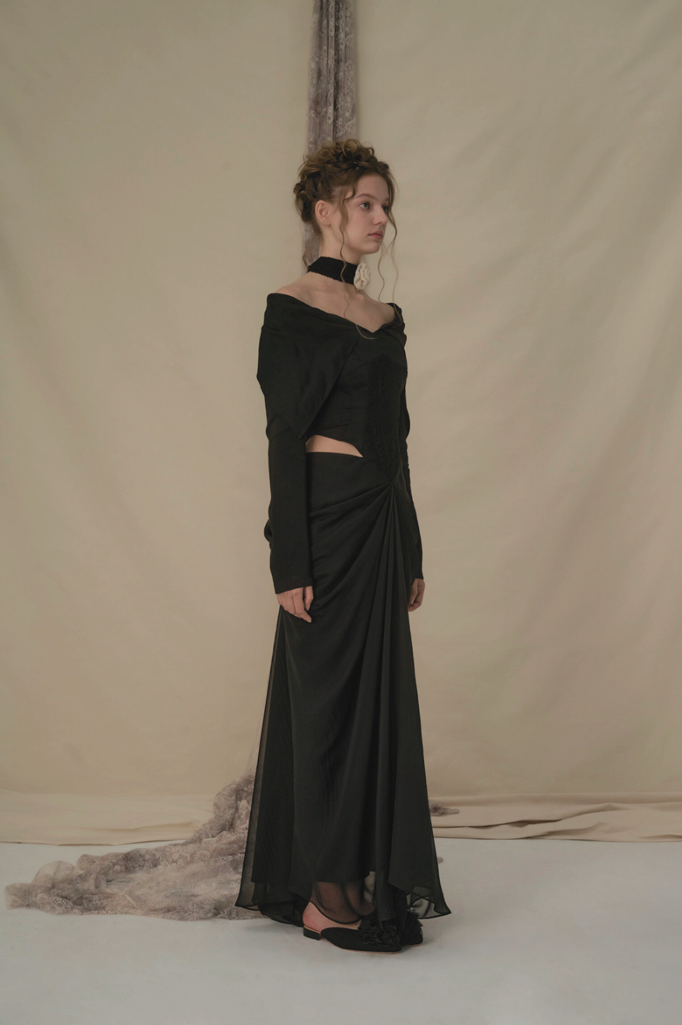 Black Lapel Cutout Midi Dress