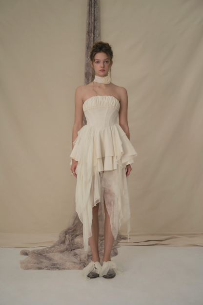Elywood Beige Layered Strapless Mini Dress