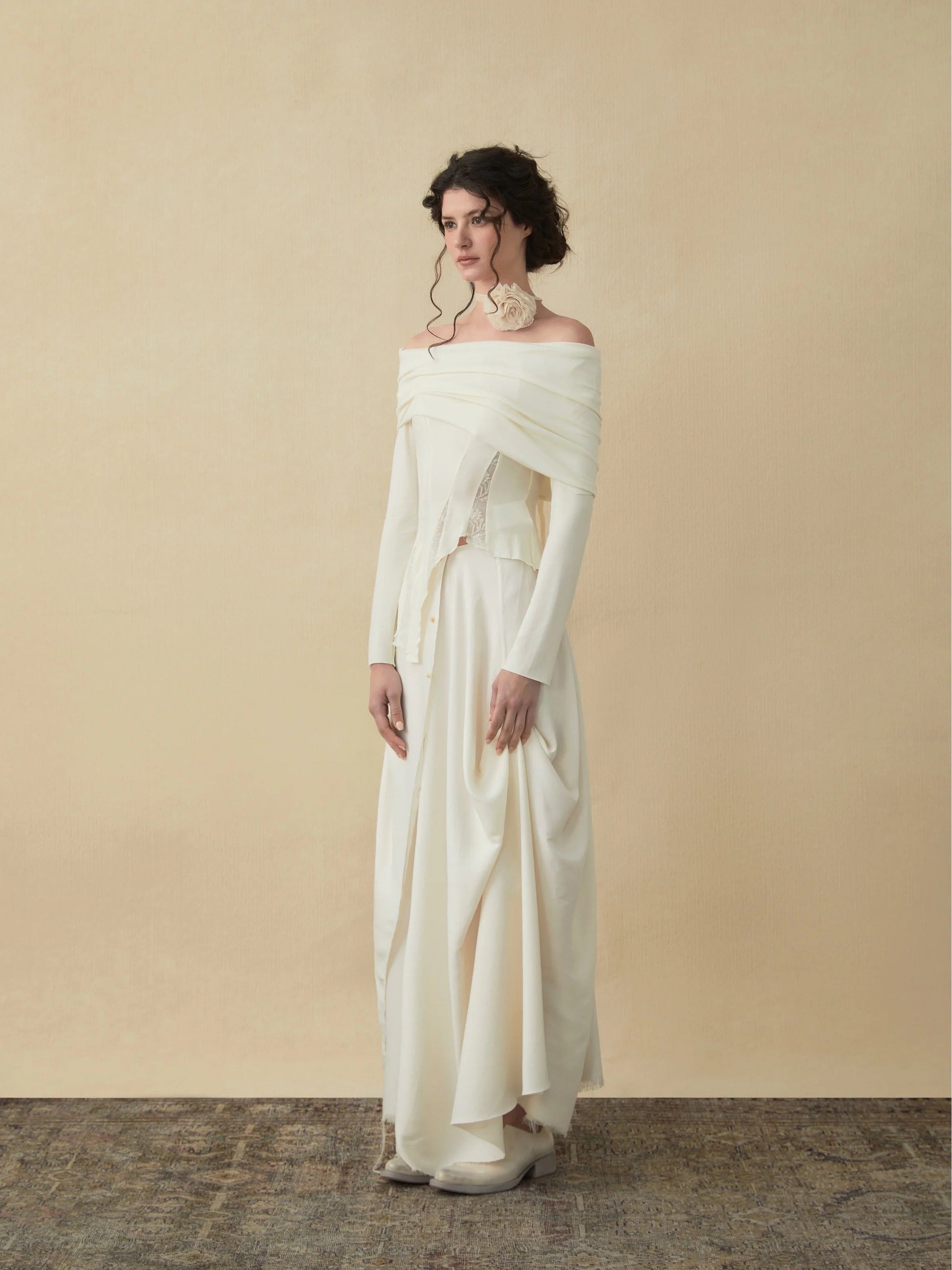 Elywood White Drape Midi Skirt off-shoulder top
