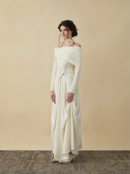 Elywood White Drape Midi Skirt off-shoulder top