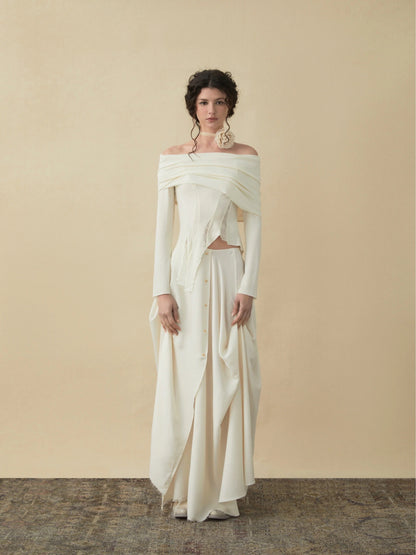 Elywood White Drape Midi Skirt and Off-shoulder Top