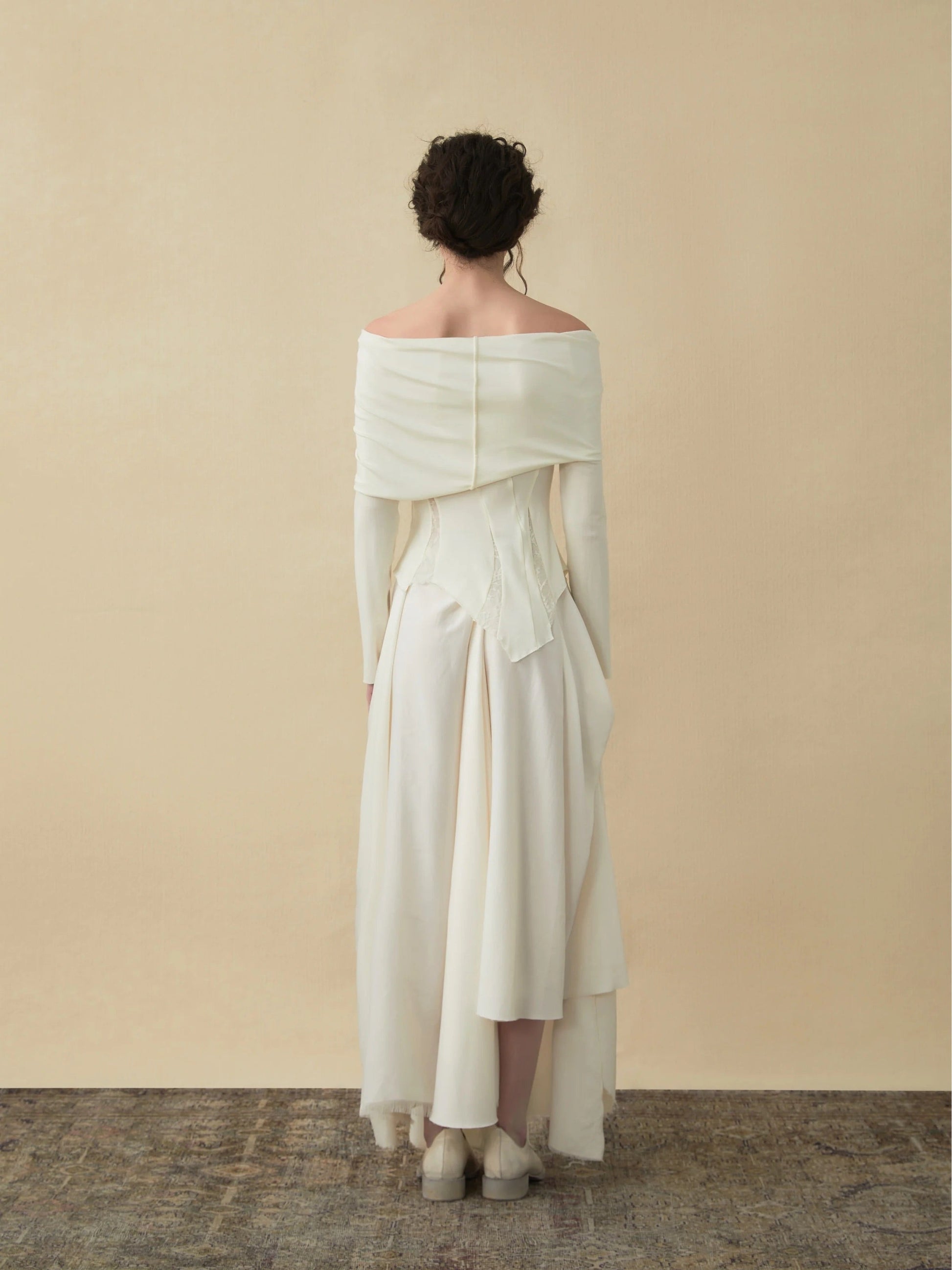 Elywood White Drape Midi Skirt off shoulder top _back