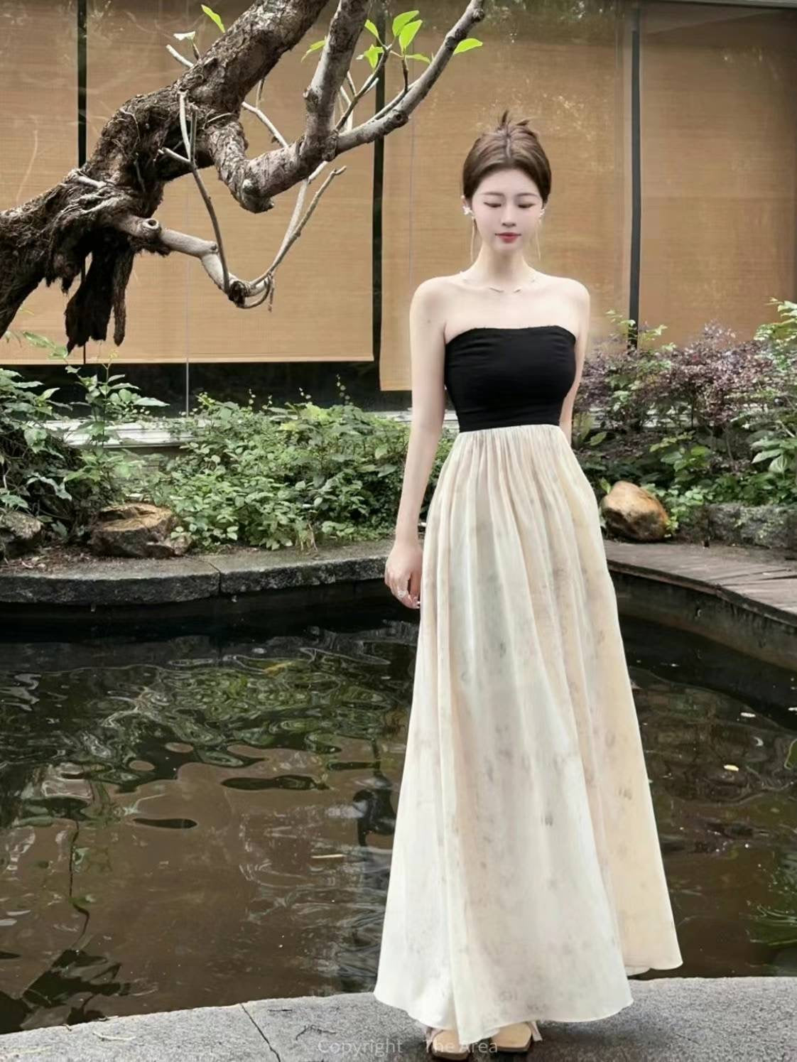 Beige Tube Dress with Black Seam