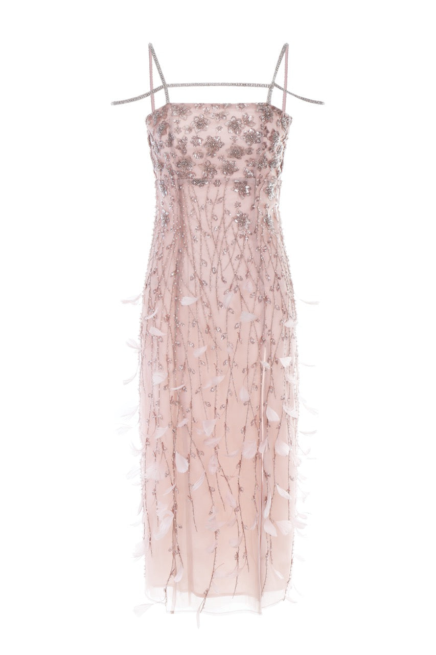 Rose Crystal Beads Feather Midi Dress