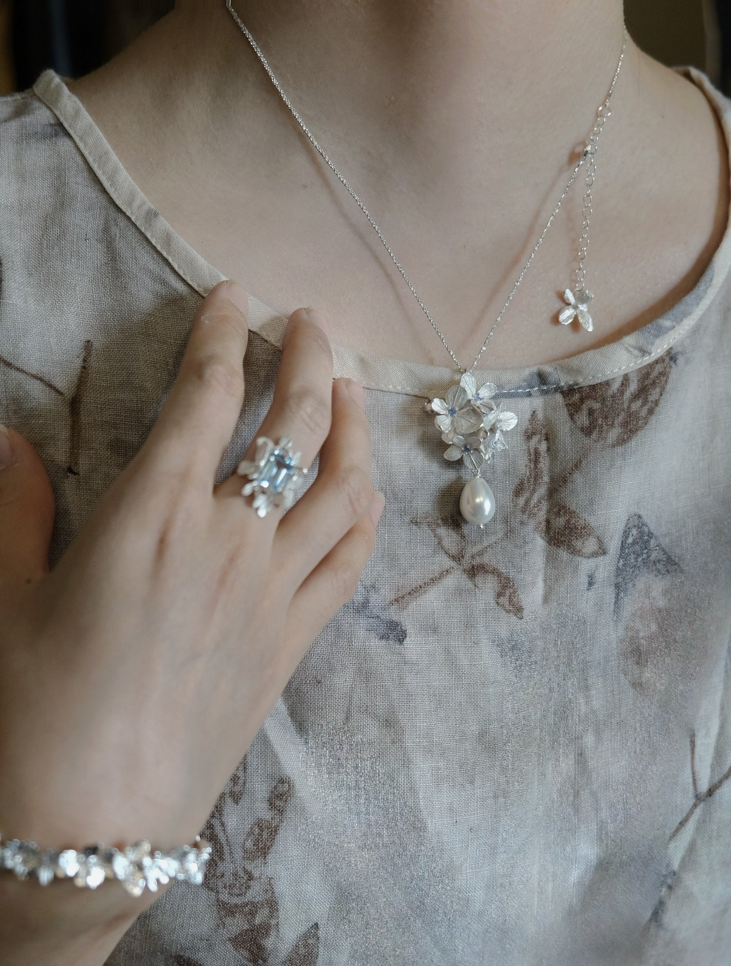 Hydrangea Pearl Necklace / Brooch in Silver