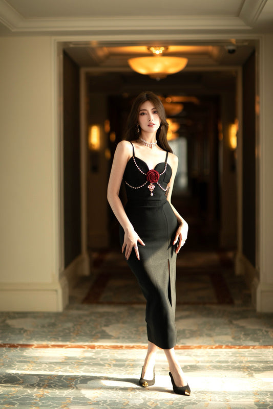 Black Knit Midi Dress with Rose