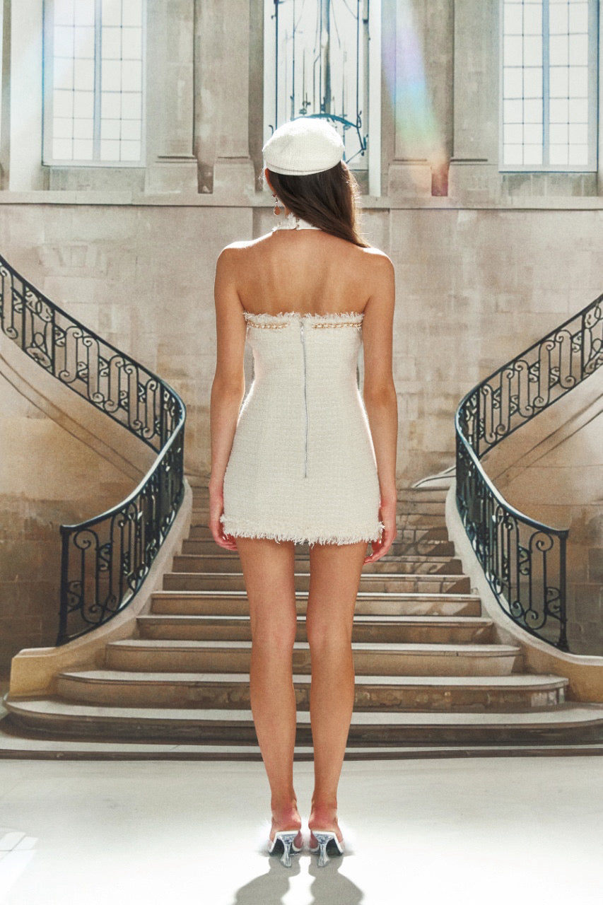Halter Tweet Mini Dress White