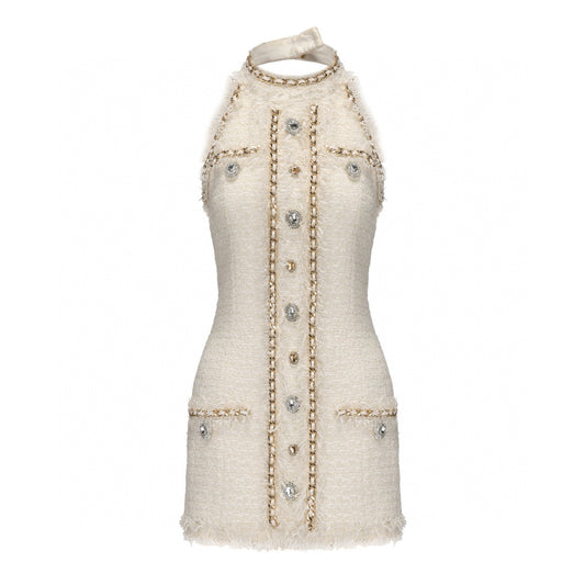 Halter Tweet Mini Dress White