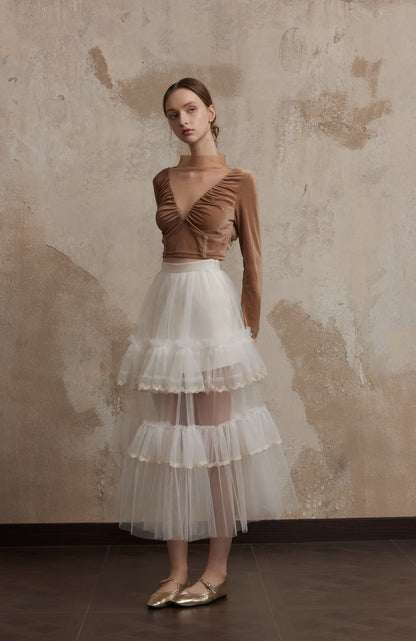 White Layered Lace Midi Skirt