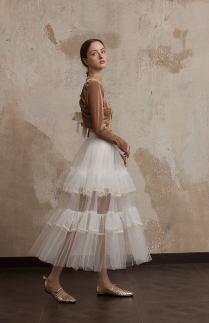 White Layered Lace Midi Skirt