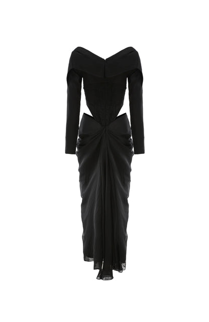 Black Lapel Cutout Midi Dress