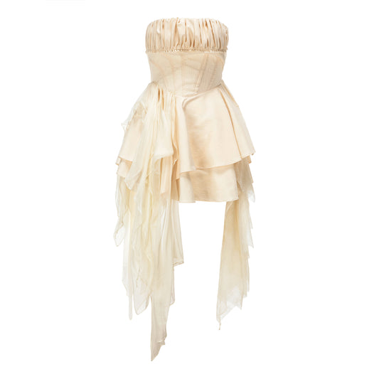 Elywood Beige Layered Strapless Mini Dress Front