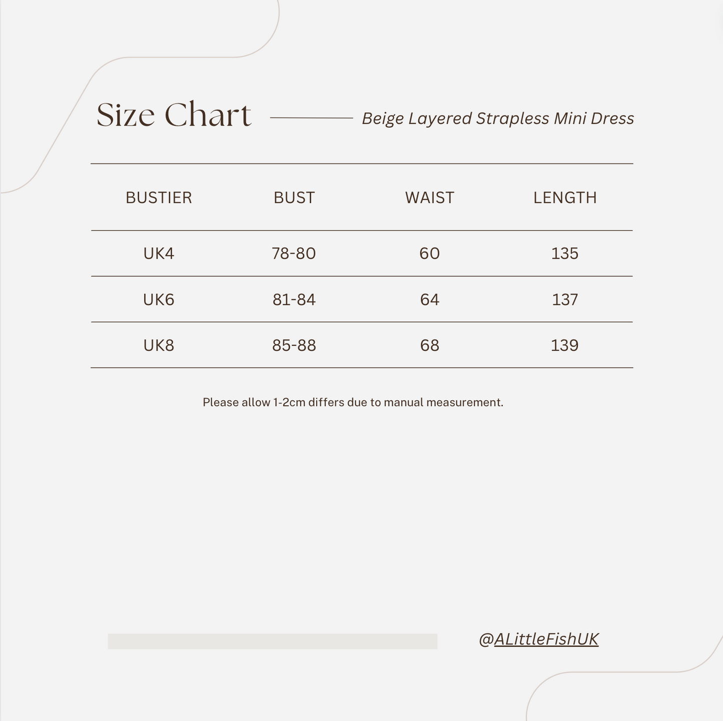 Elywood Beige Layered Strapless Mini Dress size chart