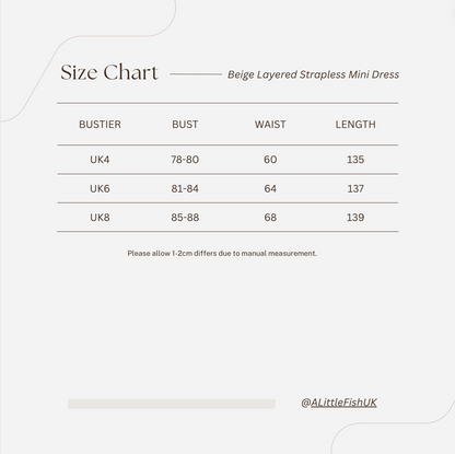 Elywood Beige Layered Strapless Mini Dress size chart