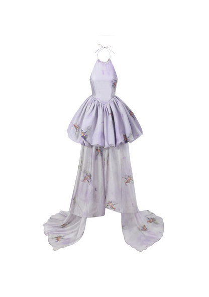 Purple Watercolour Print Halter Mini Dress