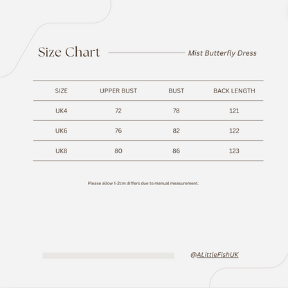 YUXUAN GIA White Layered Butterfly Mist Dress size chart
